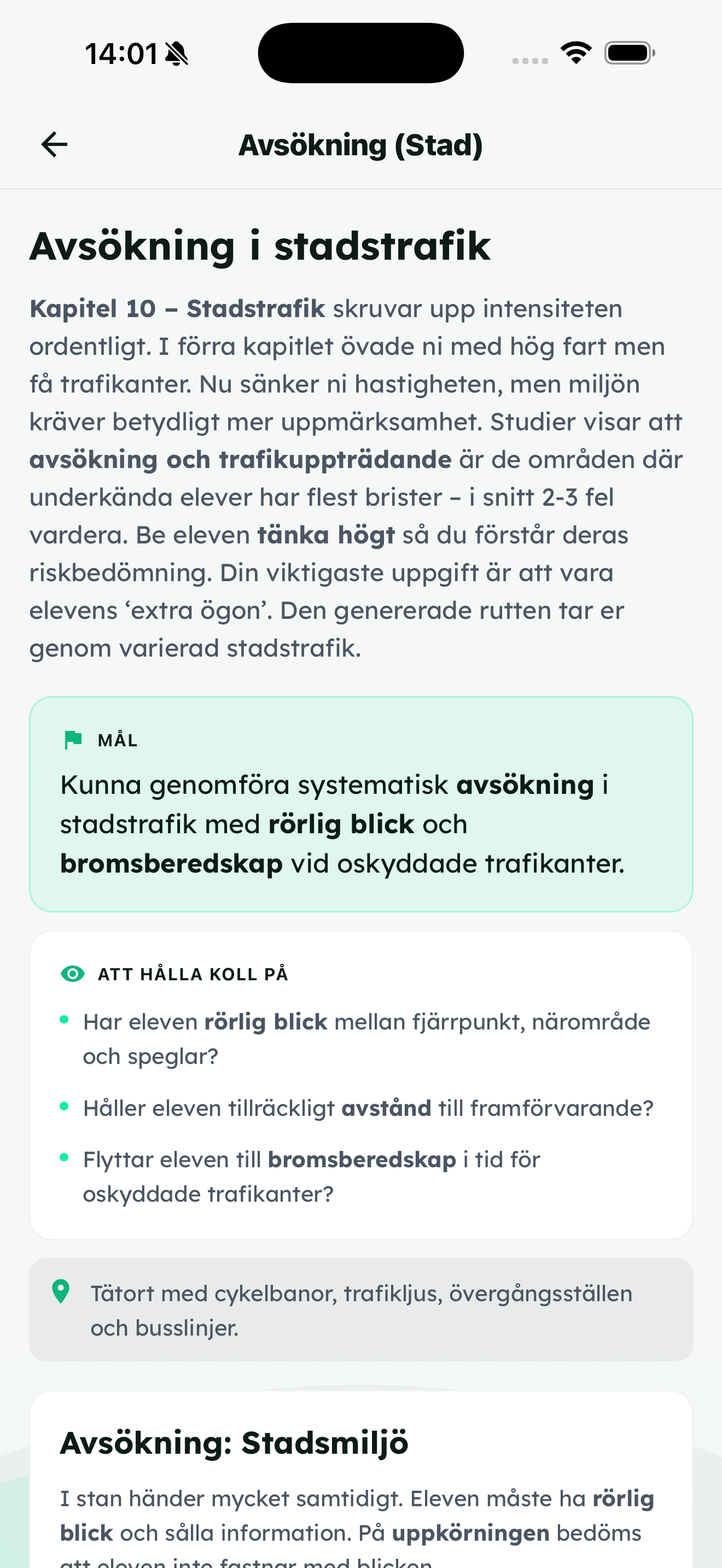 Genomgång: Avsökning (Stad) · Skärmbild ur appen · läs inledning, mål och fokuspunkter innan ni kör